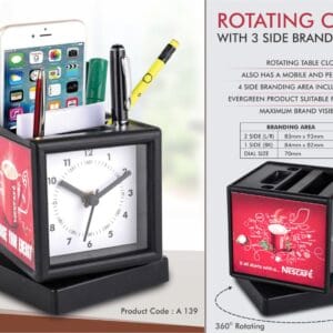 Rotating clock with 3 side branding area | Has pen stand & large stationery holder | Branding included MOQ 500 pc