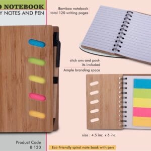 Bamboo notebook with sticky notes and pen