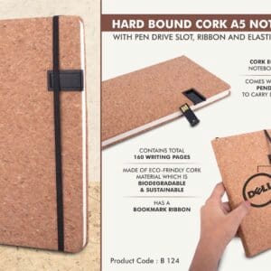 Hard bound Cork A5 notebook with Pen Drive Slot, Ribbon and elastic fastener