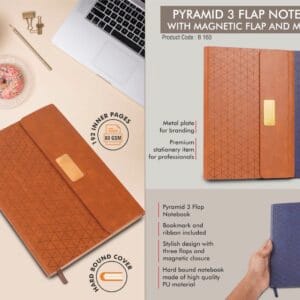 Pyramid 3 fold notebook with Magnetic flap and metal plate