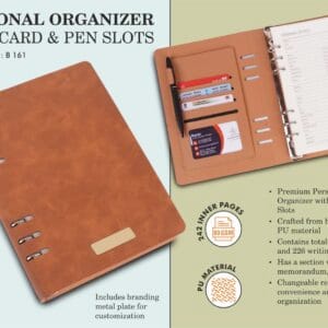Personal organizer with Card & Pen slots | Metal plate included | Changeable refill