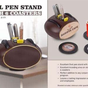 Oval Pen stand with 6 coasters | Branding included MOQ 200 pc