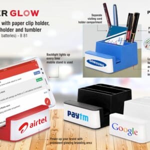 PowerGlow Mobile stand | With paper clip holder, visiting card holder and tumbler | Works on 2 x AA batteries -