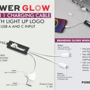 PowerGlow All in 1 Charging cable with light up logo
| Supports Data Function in Type C port | USB A and C input