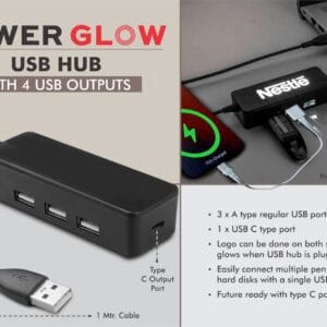 PowerGlow USB hub with 4 USB outputs | Double side Logo Glow | Type C output port | 1 mtr cable