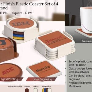 Leather finish Plastic coaster set of 4 with stand (round)