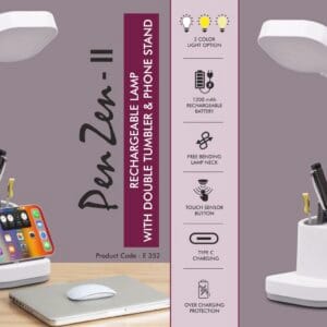 PenZen II: Rechargeable lamp with Double tumbler & Phone stand | 3 Color light with Brightness adjustment -