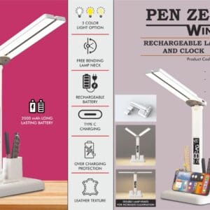 PenZen Wing: Rechargeable lamp with Dual tumbler | Clock with Temperature & Date | Double Lamp Heads | Phone stand function | 2000 mAh