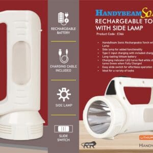 HandyBeam Sonic: Rechargeable Torch with Side Lamp | Charging Cable included