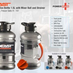 Beast Sports gallon water bottle 1.5 L with mixer ball and strainer (Unbreakable, Freezer safe)
