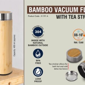 Stainless steel Bamboo Vacuum flask with Tea Strainer | Capacity 400 ml approx