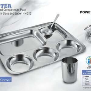Platter: Stainless Steel Compartment plate with Premium glass and spoon | Set of 3