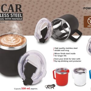 Oscar: Stainless Steel coffee mug with handle | Premium clear cap with flip top lid | Leak Proof | Capacity 350ml approx