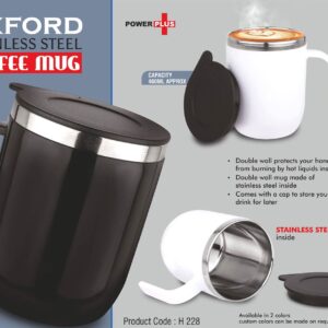 Oxford: Stainless Steel Double wall Coffee mug with Round handle | Leak Proof | Capacity 460ml approx