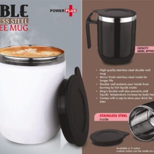 Noble: Stainless Steel Double wall Coffee mug with Pointy handle | Leak Proof | Capacity 460ml approx