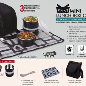 PIK-KIT mini: Lunch box combo with 3 Microwaveable Steel containers | Contains Fork, Spoon, Tablemat, Premium Bag