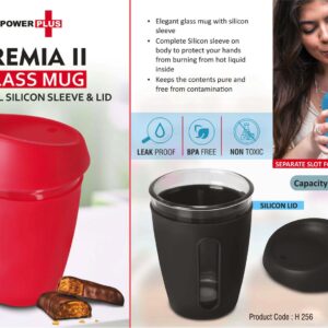 Premia II: Glass mug with Full Silicon Sleeve & lid | Capacity: 350 ml