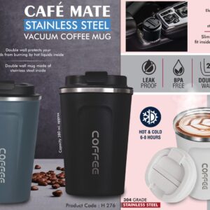Cafe Mate: Stainless Steel Vacuum coffee mug | Premium Flip top locking cap | Capacity 380ml approx