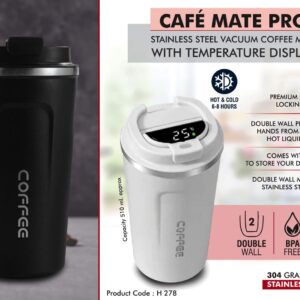 Cafe Mate Pro: Stainless Steel Vacuum coffee mug with Temperature Display | Premium Flip top locking cap | Capacity 510ml approx