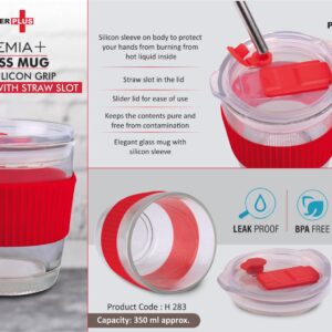 Premia+ Glass mug with Silicon Grip | Slider Lid with Straw slot | Capacity 350 ml approx