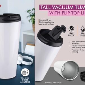 Tall Vacuum steel mug with Flip top lid | Capacity 500ml approx | Keeps hot upto 6 hours