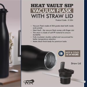 HeatVault Sip: 900 ml vacuum flask with Straw lid | 304 steel inside & outside | 18 hours hot/cold