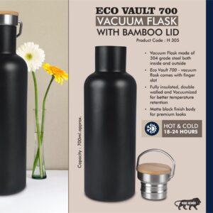 EcoVault 700: 700 ml vacuum flask with Bamboo lid
| 304 steel inside & outside | 18 hours hot/cold - https://youtu.be/biu_dso3sng