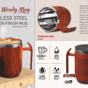 Noble Woody Mug: Stainless Steel Double wall Coffee mug with Wooden Finish | Leakproof | Capacity 460ml approx