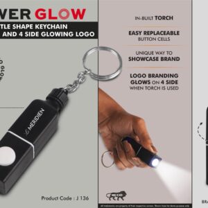 PowerGlow Bottle shape keychain with Torch and 4 side Glowing Logo